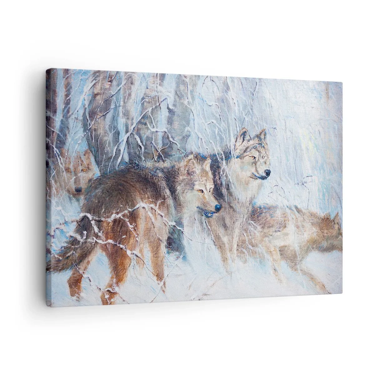 Tablou pe pânză Canvas - Lupi într-o pădure de iarnă pe fundalul unui peisaj înzăpezit - 70x50cm - Atenție! Vine... - Decorațiune modernă pentru perete pentru living și dormitor ARTTOR