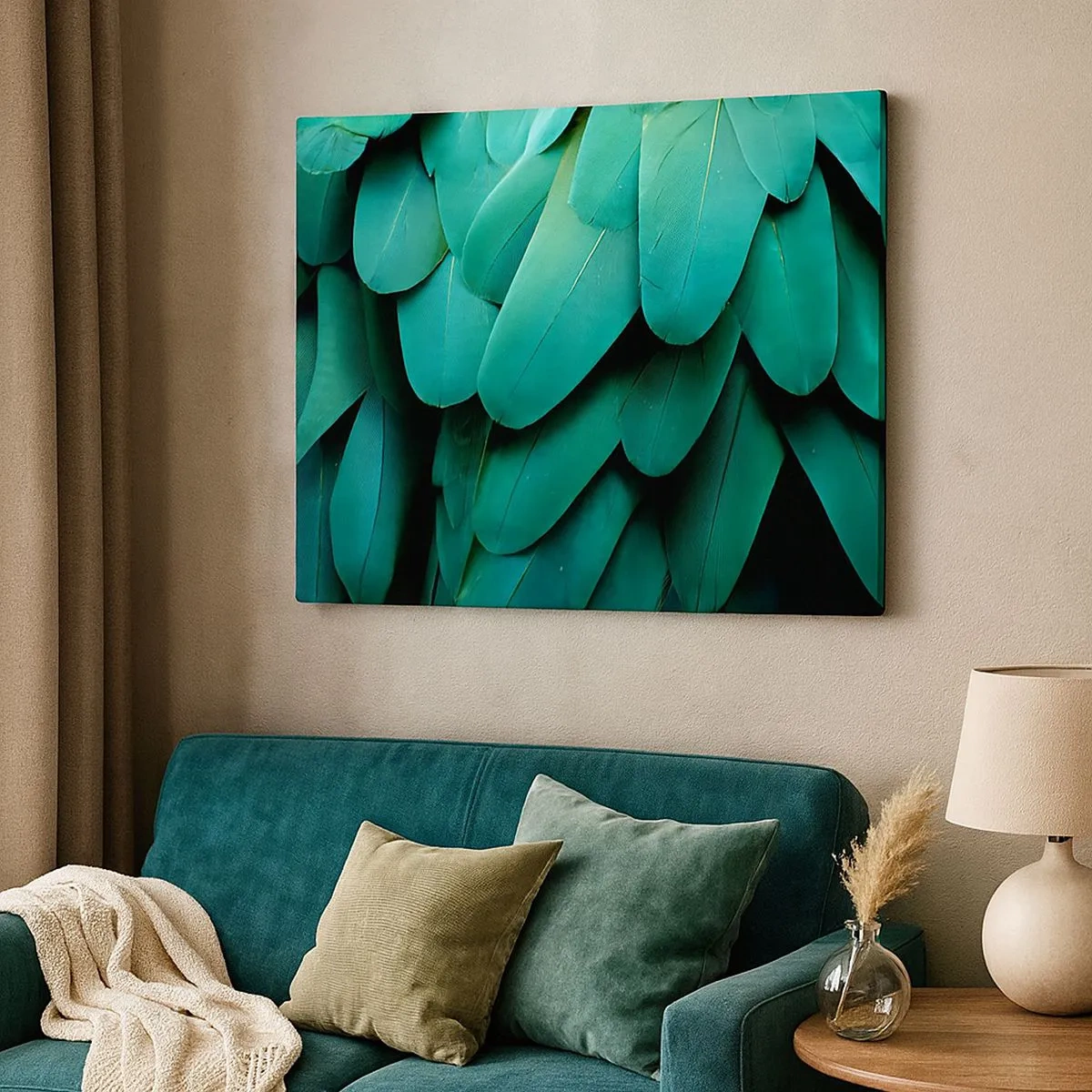Tablou pe pânză Canvas - Detaliu de pene în nuanțe de verde - 70x50cm - Precizia naturii papagalicești - Decorațiune modernă pentru perete pentru living și dormitor ARTTOR