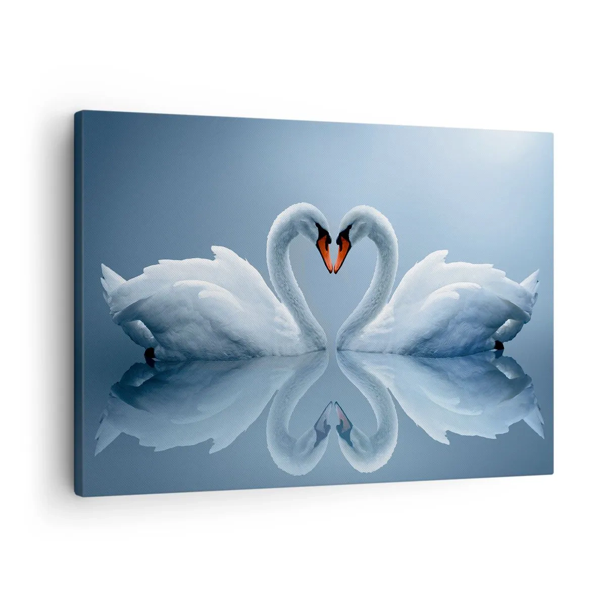 Tablou pe pânză Canvas - Două lebede formând o inimă pe o suprafață calmă a apei - 70x50cm - Timp pentru dragoste - Decorațiune modernă pentru perete pentru living și dormitor ARTTOR