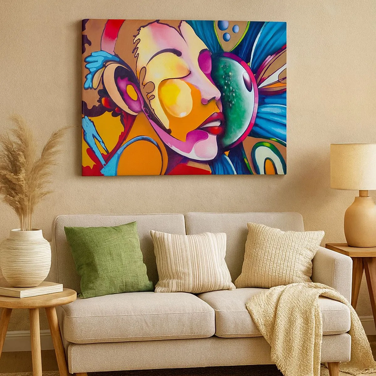 Tablou pe pânză Canvas - O abstracție colorată cu un motiv facial într-o compoziție dinamică - 70x50cm - Atingere de culoare - Decorațiune modernă pentru perete pentru living și dormitor ARTTOR