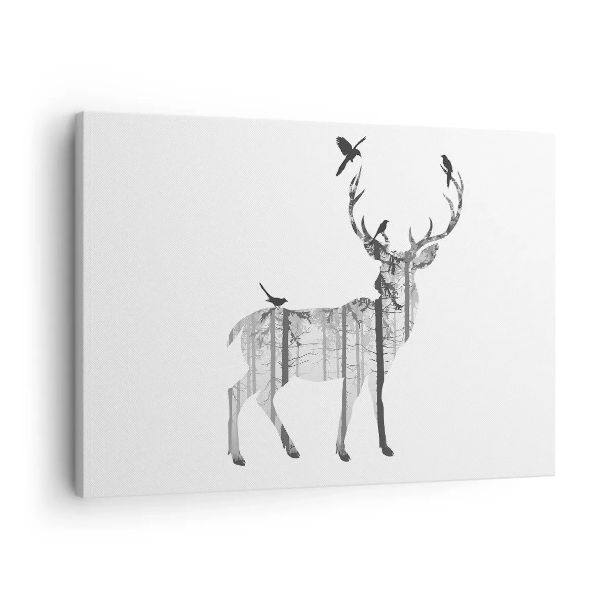 Tablou pe pânză Canvas - Silueta unui cerb cu pădure și păsări - 70x50cm - Spiritul bun al pădurii - Decorațiune modernă pentru perete pentru living și dormitor ARTTOR