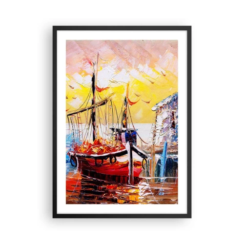 Poster în ramă neagră - O navă pitorească pe fundalul soarelui apus - 50x70cm - Întoarcere fericită - Decorațiune modernă pentru perete pentru living și dormitor ARTTOR