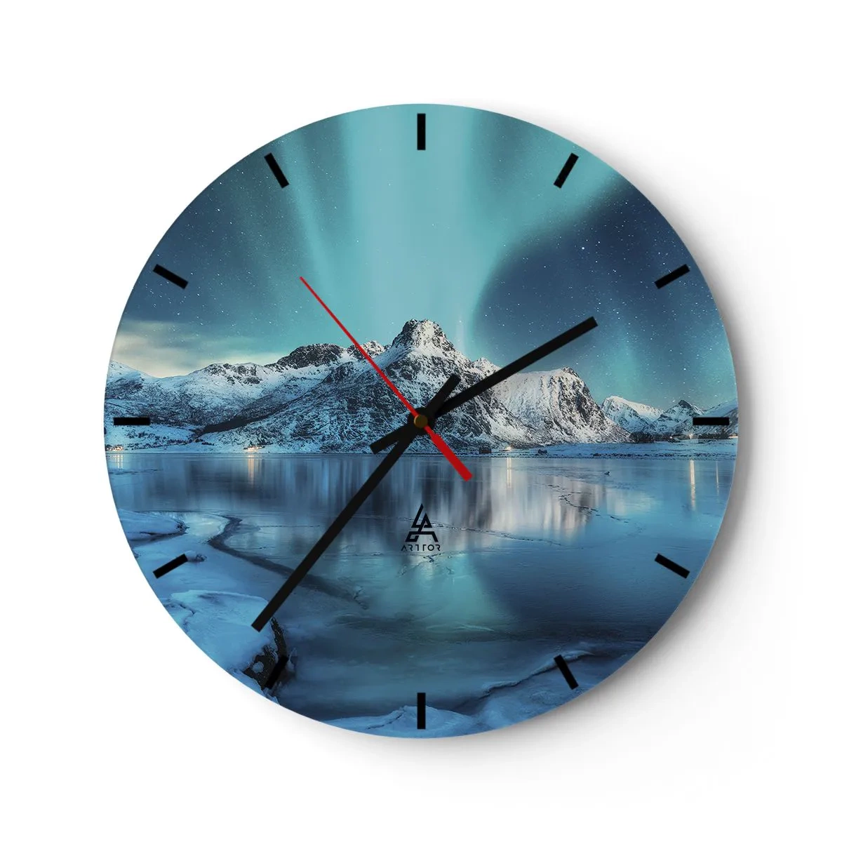 Ceas de perete - Ceas pe sticlă - Aurora boreală peste munți acoperiți de zăpadă și un lac înghețat - 30x30cm - Noaptea de lumină - Decorațiune modernă pentru perete pentru living, bucătărie și dormitor ARTTOR