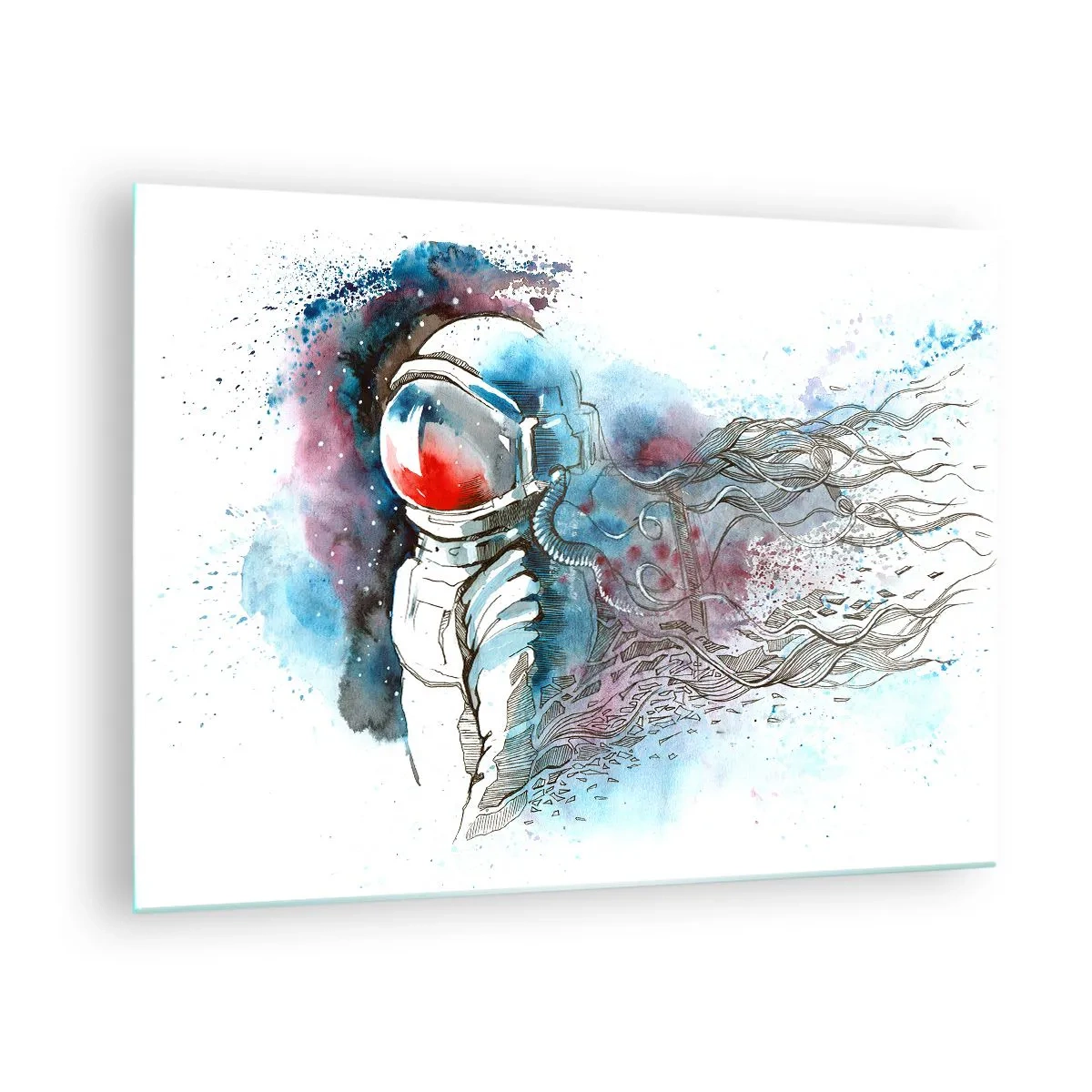 Tablou pe sticlă - Astronautul într-un decor spațial dinamic în acuarelă - 70x50cm - Singur cu cosmosul - Decorațiune modernă pentru perete pentru living și dormitor ARTTOR