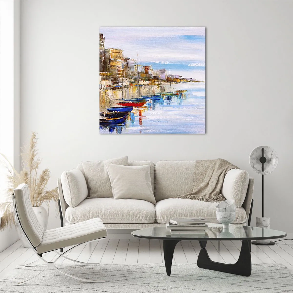 Tablou pe sticlă - Port urban multicolor - 40x40 cm
