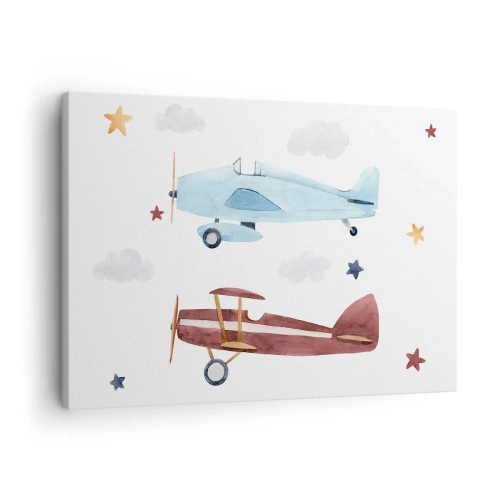 Tablou pe pânză Canvas - Avioane pictate manual pe un fundal de nori și stele - 70x50cm - Domnule Pilot, vă așteptăm! - Decorațiune modernă pentru perete pentru living și dormitor ARTTOR