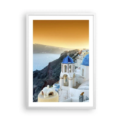 Poster în ramă albă - Santorini - îmbrățișat de stânci - 50x70 cm