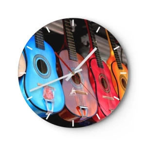 Ceas de perete - Ceas pe sticlă - Chitare colorate în diferite nuanțe pe un fundal întunecat - 30x30cm - Vibrații latino - Decorațiune modernă pentru perete pentru living, bucătărie și dormitor ARTTOR