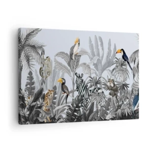 Tablou pe pânză Canvas - Junglă tropicală cu animale exotice pe fundal gri - 70x50cm - O fabulă africană - Decorațiune modernă pentru perete pentru living și dormitor ARTTOR