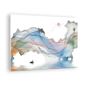 Tablou pe sticlă - Munți colorați cu o barcă pe apă în stil acuarelă - 70x50cm - Spre munții de cristal - Decorațiune modernă pentru perete pentru living și dormitor ARTTOR