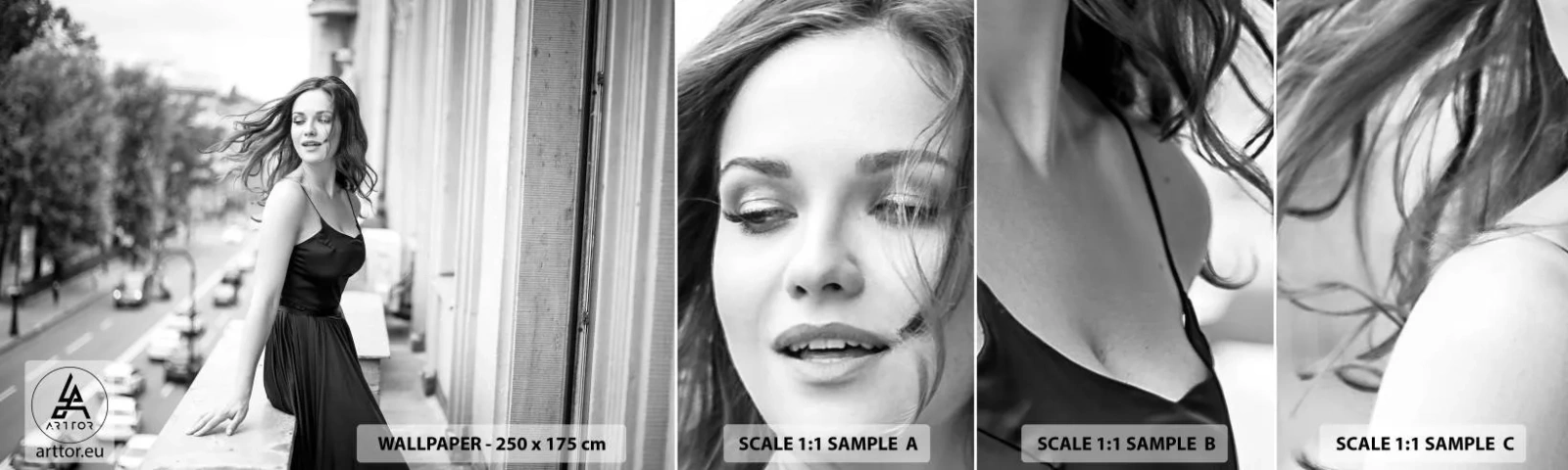 Mostră tapet autocolant Deluxe Sticker - Cu siguranță e o fată pariziană - Femeie, Oraș, Arhitectură - 100x30 cm