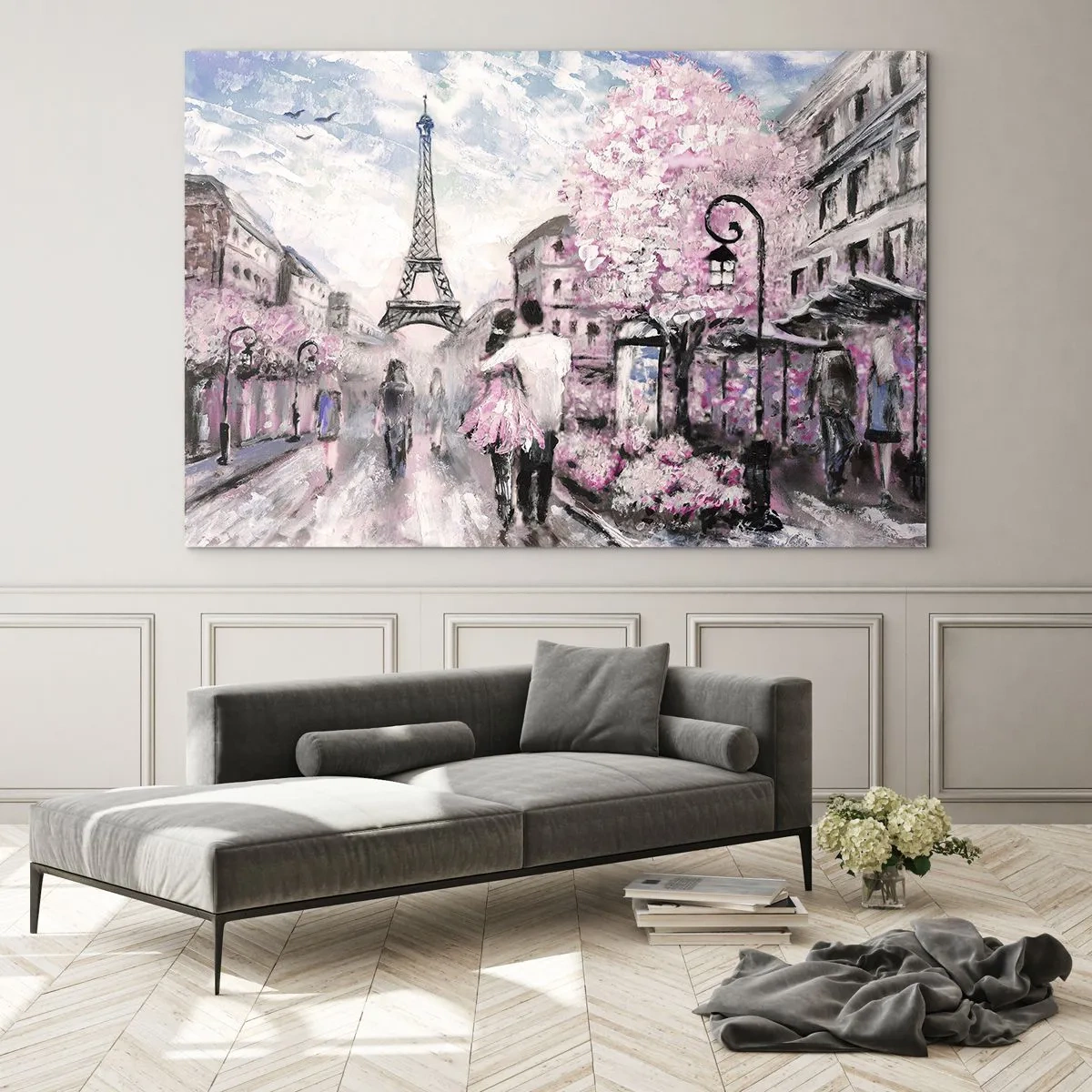Tablou pe sticlă - Cuplu romantic la Paris cu Turnul Eiffel în fundal - 70x50cm - Dacă ar fi să te îndrăgostești, atunci doar de... - Decorațiune modernă pentru perete pentru living și dormitor ARTTOR
