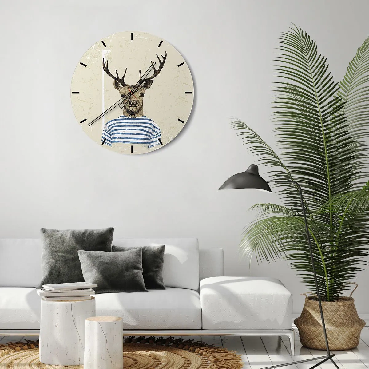Ceas de perete - Ceas pe sticlă - Un cerb de desene animate în haine cu dungi pe un fundal bej - 30x30cm - Pentru că îmi plac cămășile cu dungi! - Decorațiune modernă pentru perete pentru living, bucătărie și dormitor ARTTOR