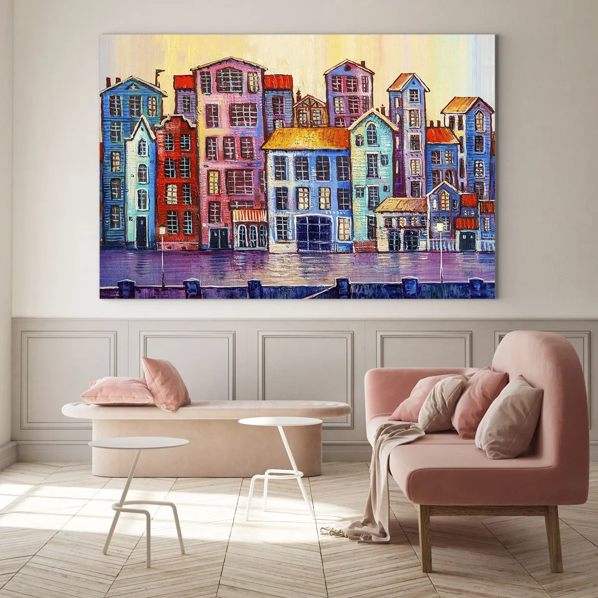 Tablou pe sticlă - Case de locuit colorate reflectate în apă - 70x50cm - Un oraș ca în basm - Decorațiune modernă pentru perete pentru living și dormitor ARTTOR