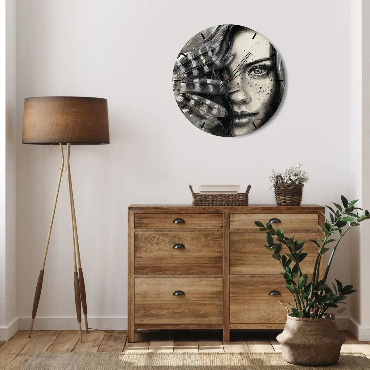 Ceas de perete - Ceas pe sticlă - Portretul unei femei cu efect artistic de pensulare - 30x30cm - Frumusețe sălbatică - Decorațiune modernă pentru perete pentru living, bucătărie și dormitor ARTTOR
