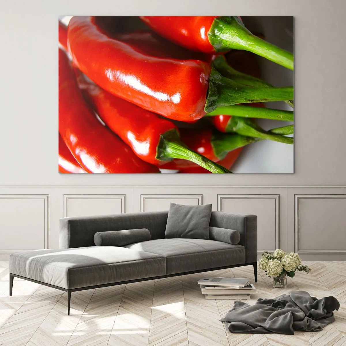 Tablou pe sticlă - Ardei iute roșii cu tulpini verzi - 70x50cm - Suculent, strălucitor, neted - Decorațiune modernă pentru perete pentru living și dormitor ARTTOR