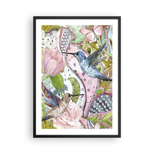 Poster în ramă neagră - colibri colorate pe un fundal de flori și modele - 50x70cm - Încurcat în viță de vie - Decorațiune modernă pentru perete pentru living și dormitor ARTTOR