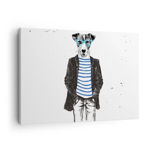 Tablou pe pânză Canvas - Portretul unui câine purtând ochelari și o cămașă de marinar, într-un stil umoristic - 70x50cm - Câinele în dungi - Decorațiune modernă pentru perete pentru living și dormitor ARTTOR