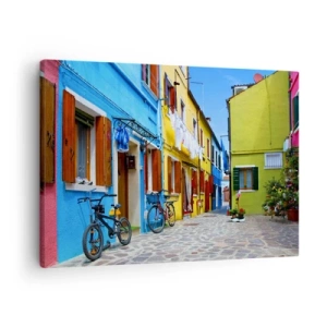 Tablou pe pânză Canvas - O stradă colorată cu biciclete printre clădiri pastelate - 70x50cm - La capătul străzii pastelate și dulci - Decorațiune modernă pentru perete pentru living și dormitor ARTTOR