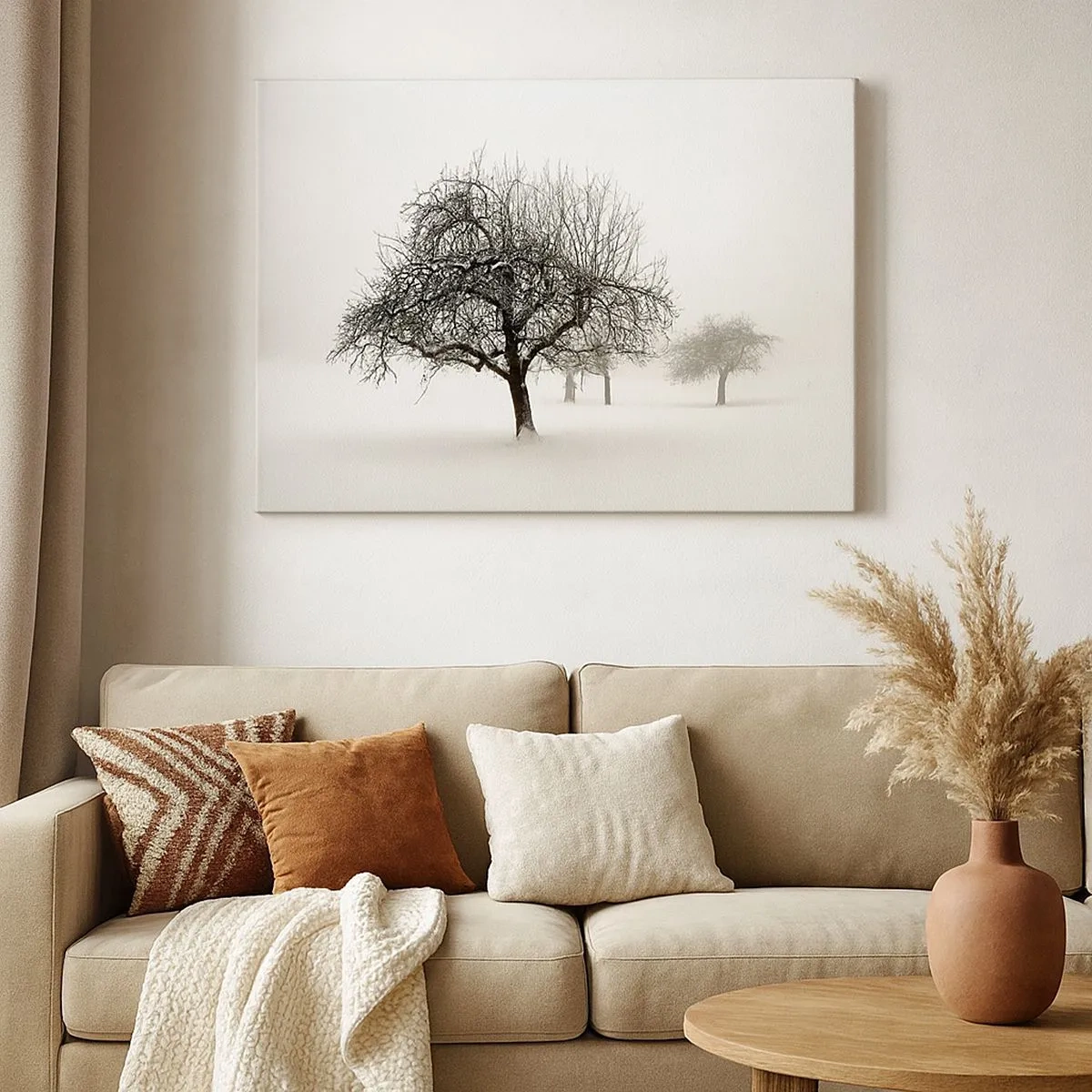 Tablou pe pânză Canvas - Copaci într-un câmp acoperit de zăpadă, înconjurat de ceață - 70x50cm - Hibernare - Decorațiune modernă pentru perete pentru living și dormitor ARTTOR