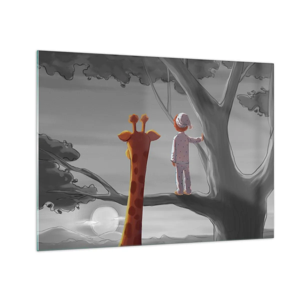 Tablou pe sticlă - Un copil în pijamale și o girafă privesc apusul dintr-un copac. - 70x50cm - Acest lucru se întâmplă cu adevărat - Decorațiune modernă pentru perete pentru living și dormitor ARTTOR