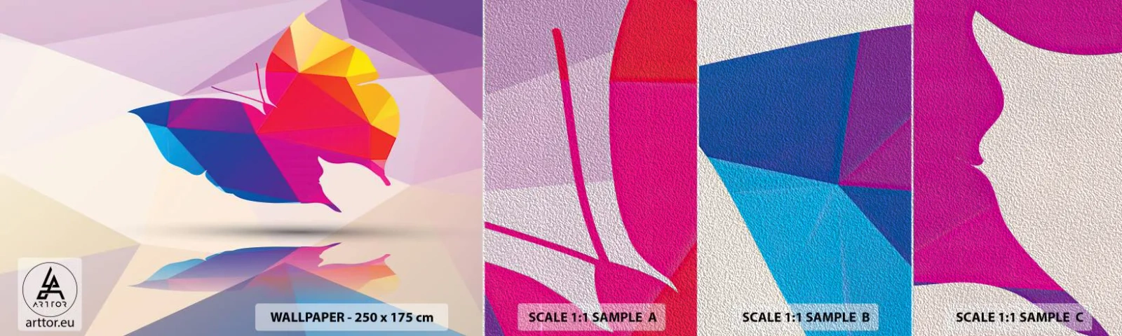 Mostră tapet Premium Sand - Curcubeu de fluture - Insecte, Fluture, Figura geometrică - 100x30 cm