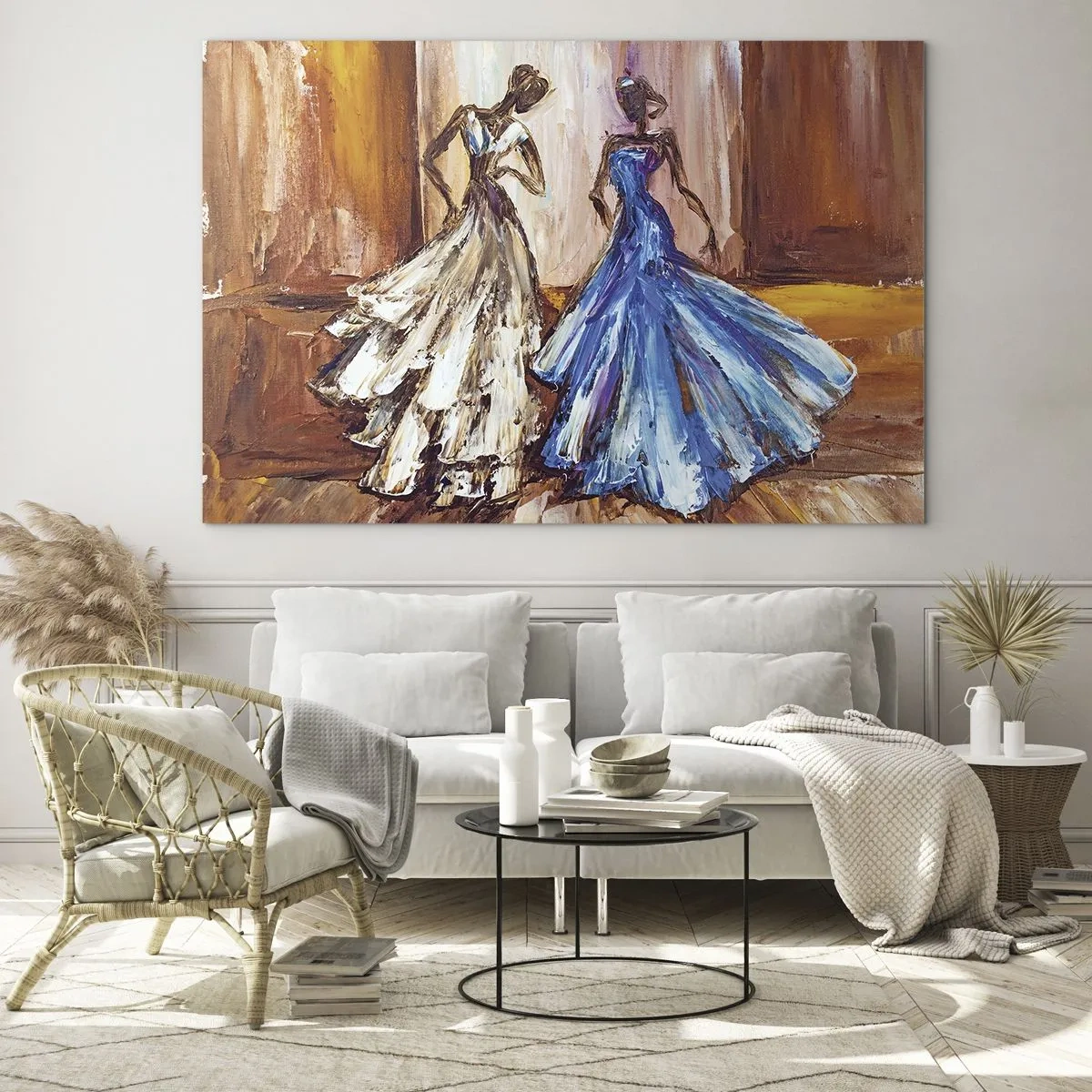 Tablou pe sticlă - Figuri feminine în rochii de bal într-un stil artistic - 70x50cm - Duetul fermecător - Decorațiune modernă pentru perete pentru living și dormitor ARTTOR