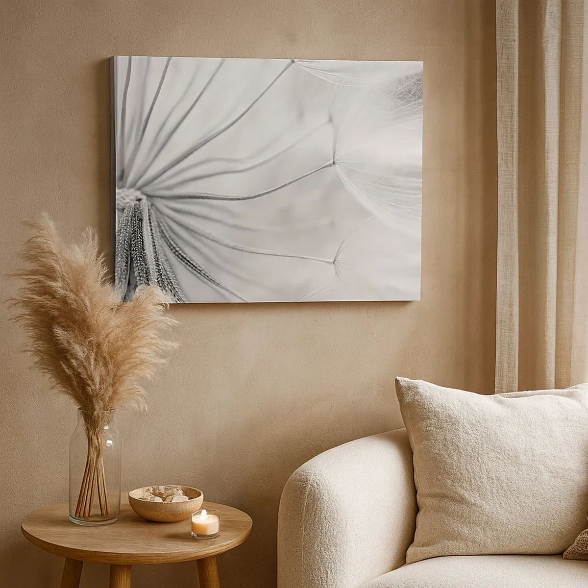 Tablou pe pânză Canvas - Păpădii delicate în tonuri de alb și negru - 70x50cm - Suflarea zmeilor - Decorațiune modernă pentru perete pentru living și dormitor ARTTOR