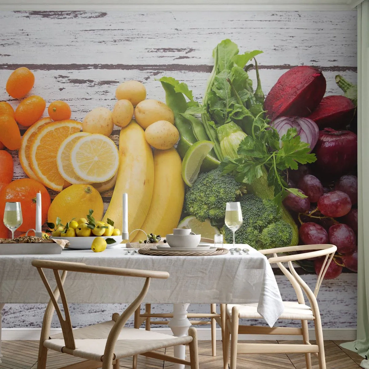 Tapet Standard Eco - O compoziție colorată de fructe și legume pe un fundal de lemn - 100x70cm - Nu este de ajuns? - Decorațiune modernă pentru perete pentru living și dormitor ARTTOR
