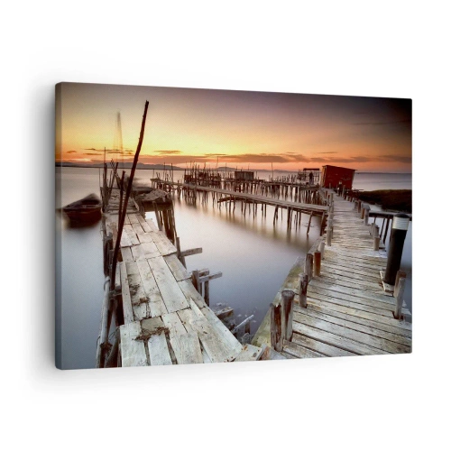 Tablou pe pânză Canvas - Diguri de lemn pe ape calme la apus - 70x50cm - Autentic, nu o atracție turistică - Decorațiune modernă pentru perete pentru living și dormitor ARTTOR