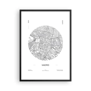 Poster în ramă neagră - O hartă minimalistă a Madridului, în alb și negru. - 50x70cm - Anatomia Madridului - Decorațiune modernă pentru perete pentru living și dormitor ARTTOR
