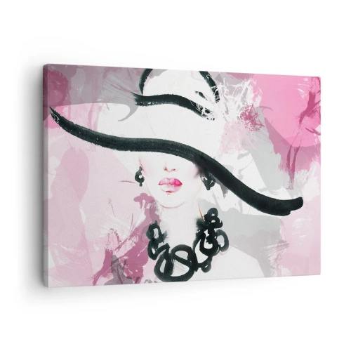 Tablou pe pânză Canvas - O femeie elegantă cu pălărie pe un fundal de abstracțiuni roz. - 70x50cm - Studiu unei dame în negru și roz - Decorațiune modernă pentru perete pentru living și dormitor ARTTOR