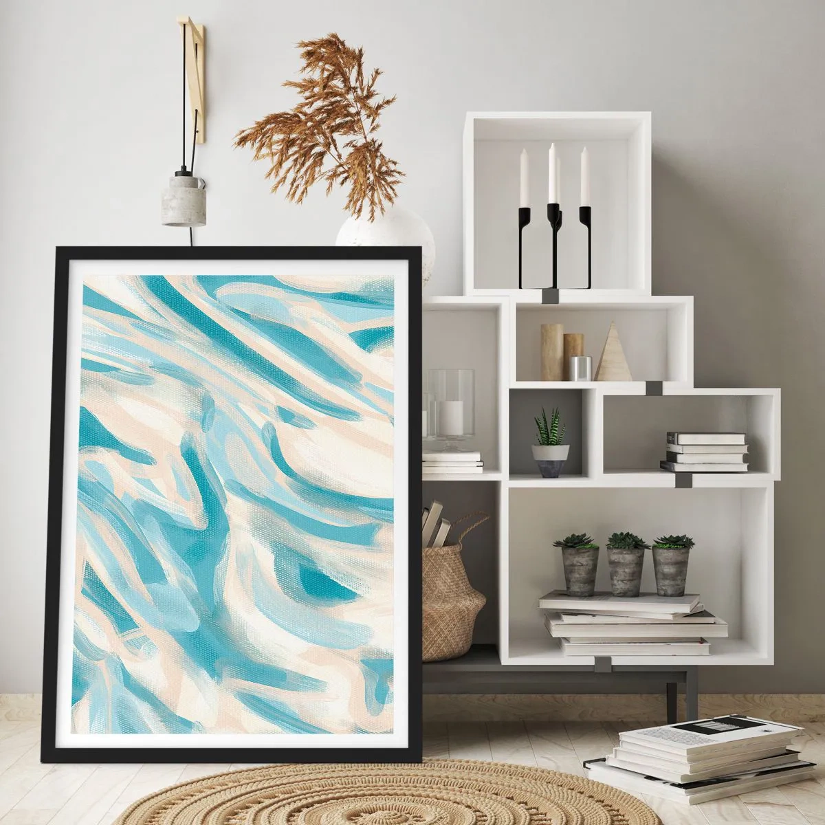Poster în ramă neagră - Valuri abstracte în nuanțe de albastru și bej - 50x70cm - Brize de primăvară - Decorațiune modernă pentru perete pentru living și dormitor ARTTOR