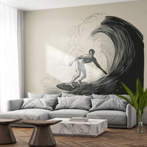 Tapet Standard Eco - Un surfer călare pe un val într-o grafică stilizată neagră și crem - 100x70cm - Regele valului - Decorațiune modernă pentru perete pentru living și dormitor ARTTOR