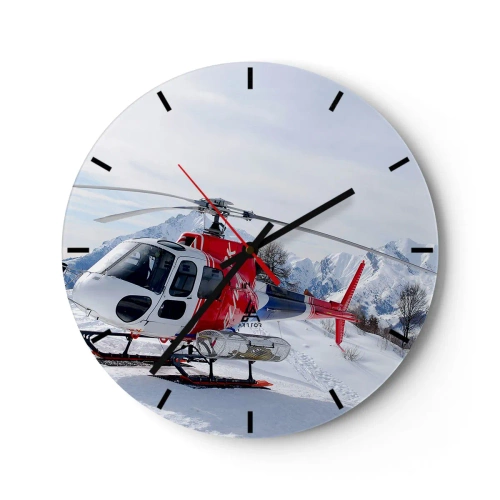 Ceas de perete - Ceas pe sticlă - Un elicopter roșu pe un fundal de munți și zăpadă - 30x30cm - Întotdeauna gata - Decorațiune modernă pentru perete pentru living, bucătărie și dormitor ARTTOR