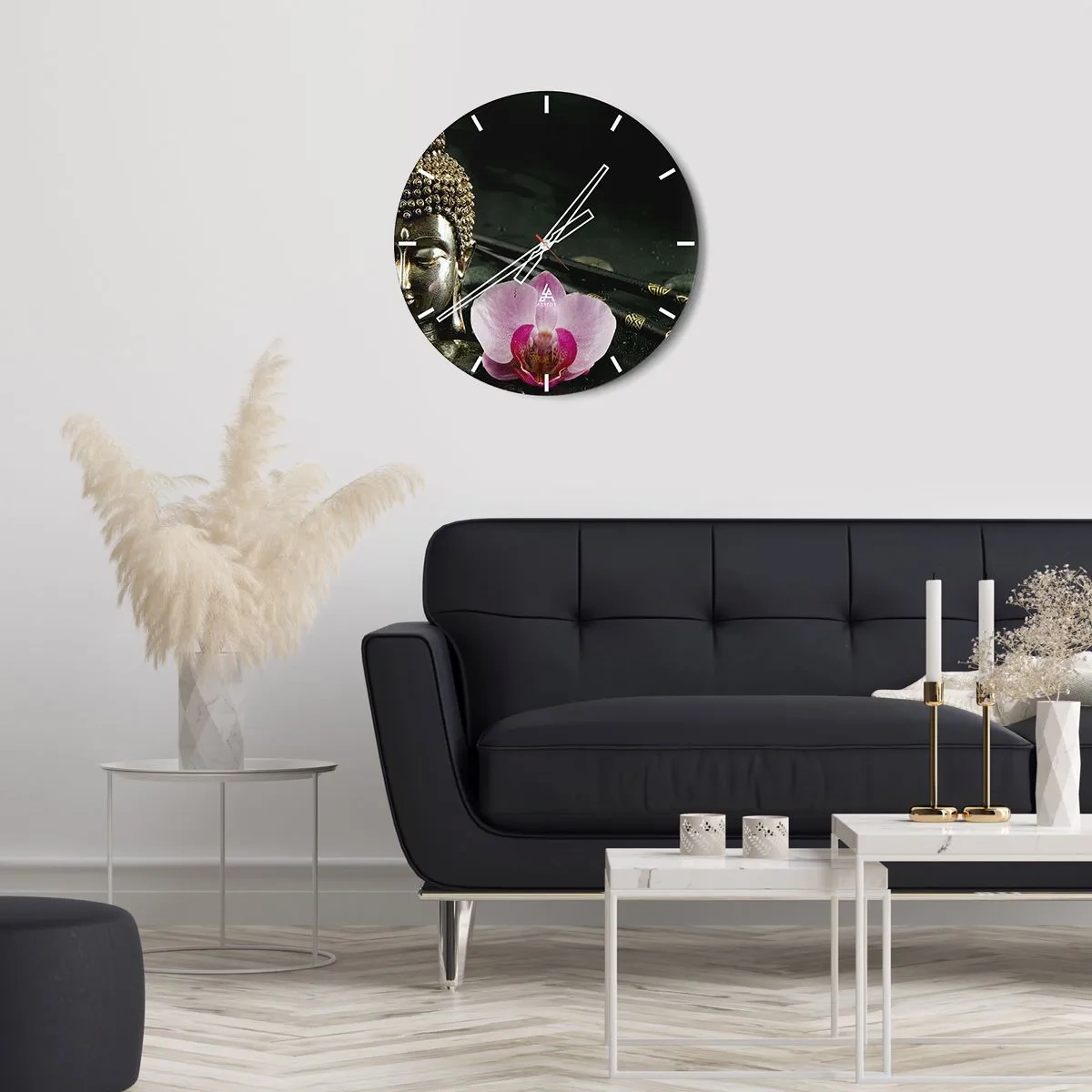 Ceas de perete - Ceas pe sticlă - Figură de Buddha cu o orhidee în stil oriental - 30x30cm - Armonie între înțelepciune și frumusețe - Decorațiune modernă pentru perete pentru living, bucătărie și dormitor ARTTOR