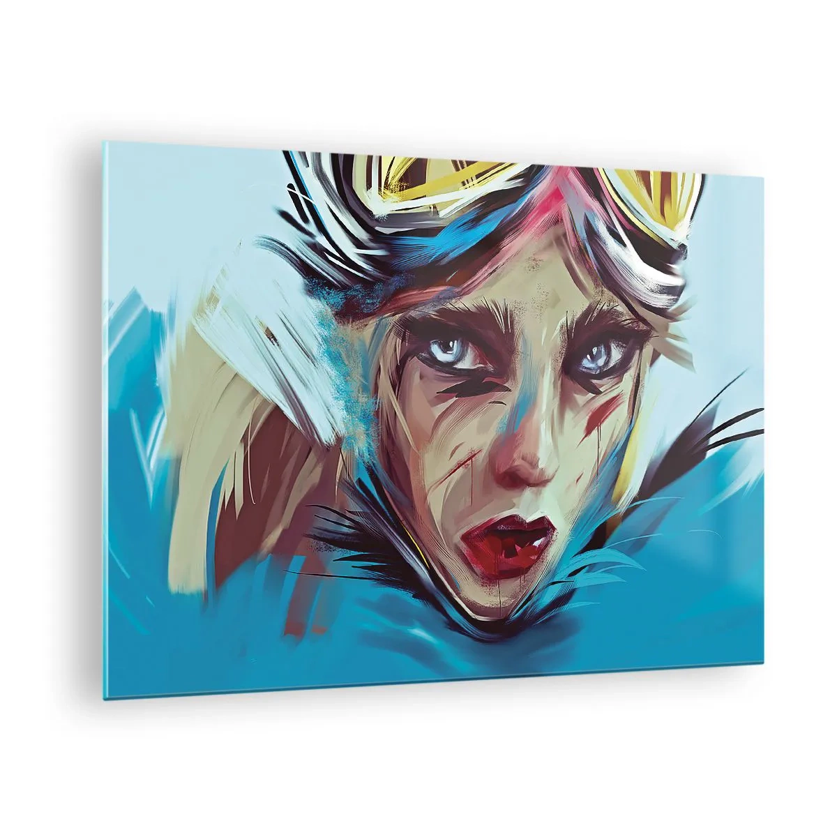 Tablou pe sticlă - Portretul unei femei cu ochelari de protecție și tușe albastre de pensulă - 70x50cm - Războinica de drum - Decorațiune modernă pentru perete pentru living și dormitor ARTTOR