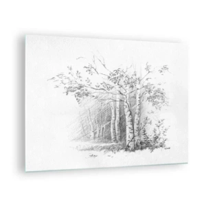 Tablou pe sticlă - Schiță a unei păduri de mesteacăn în tonuri monocromatice - 70x50cm - Lumina pădurii de mesteceni - Decorațiune modernă pentru perete pentru living și dormitor ARTTOR