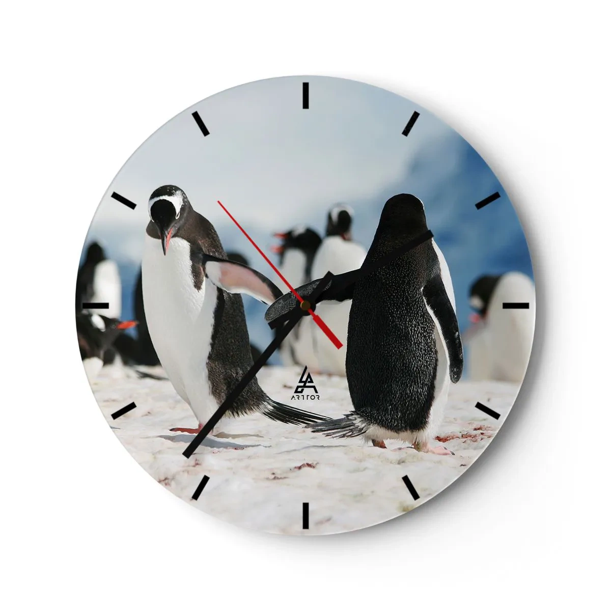 Ceas de perete - Ceas pe sticlă - Pinguini în zăpadă într-un peisaj arctic - 30x30cm - Dansul în zăpadă - Decorațiune modernă pentru perete pentru living, bucătărie și dormitor ARTTOR