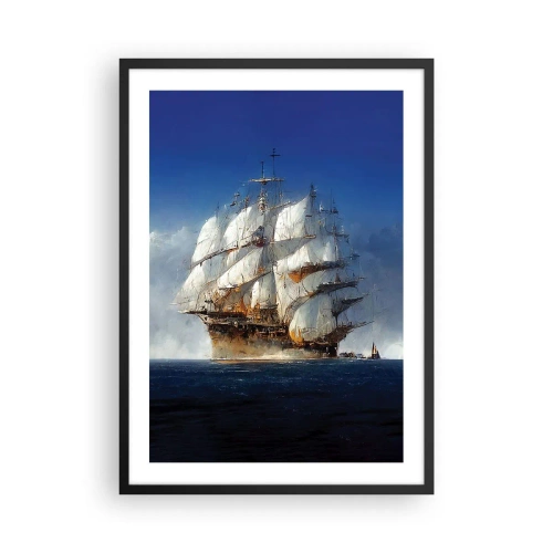 Poster în ramă neagră - O corabie cu pânze în largul mării, sub pânzele deschise, în lumina soarelui - 50x70cm - The great glory! - Decorațiune modernă pentru perete pentru living și dormitor ARTTOR