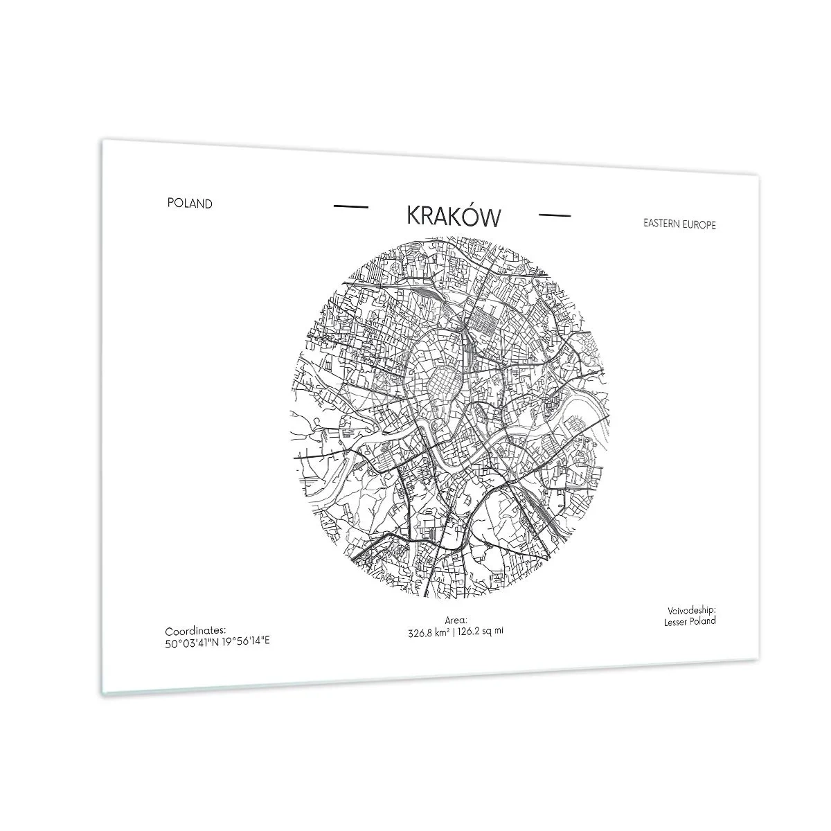Tablou pe sticlă - O hartă a Cracoviei într-un stil ilustrativ alb-negru - 70x50cm - Anatomia Cracoviei - Decorațiune modernă pentru perete pentru living și dormitor ARTTOR