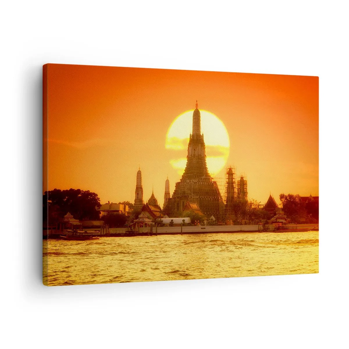 Tablou pe pânză Canvas - Apus de soare peste templu cu reflexie în apă - 70x50cm - Spre soare, mereu spre soare - Decorațiune modernă pentru perete pentru living și dormitor ARTTOR