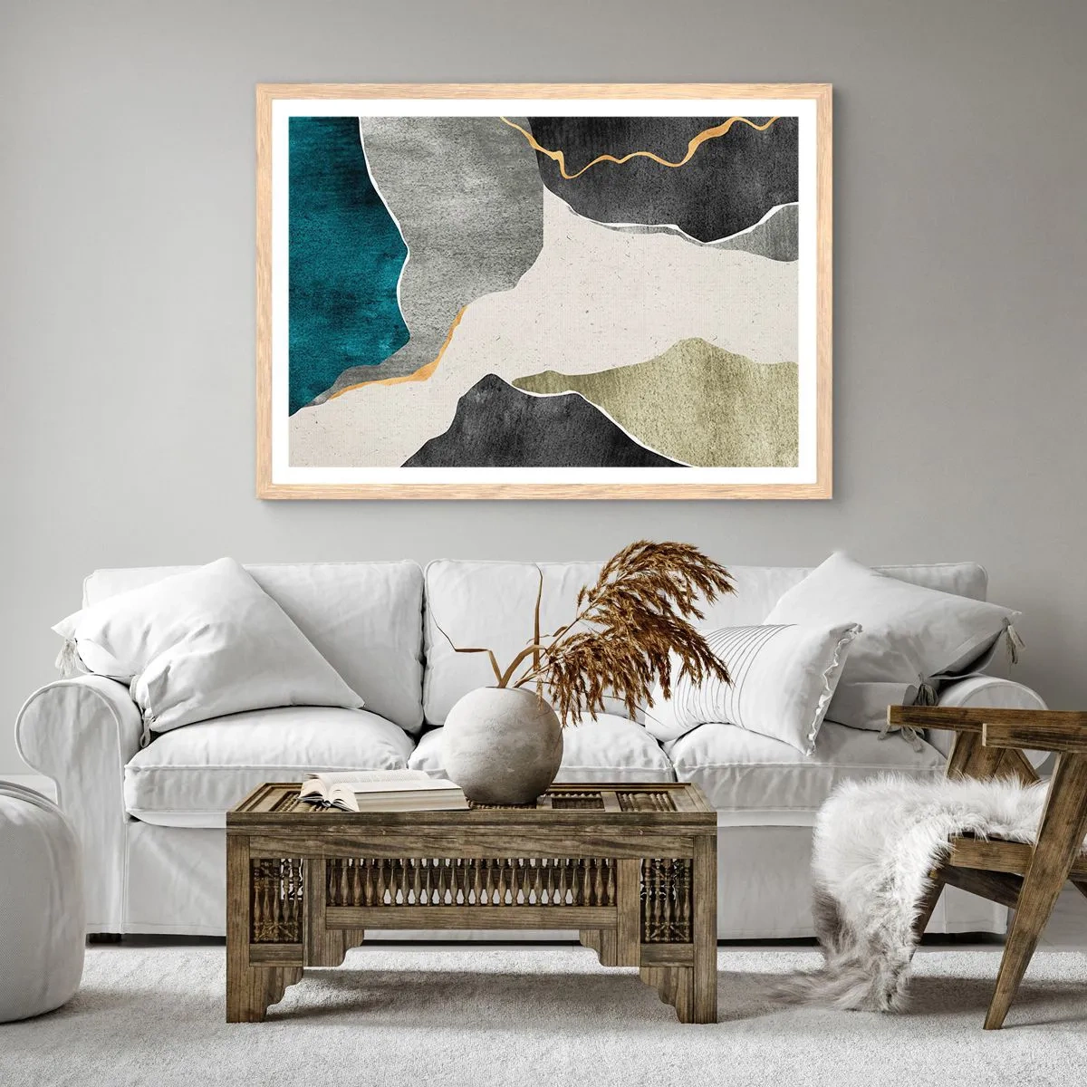 Poster în ramă de stejar deschis - Compoziție mozaic cu fir de aur - 91x61 cm