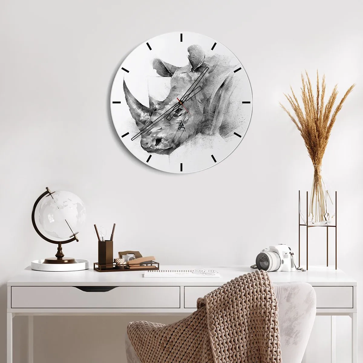 Ceas de perete - Ceas pe sticlă - Portret în stil schiță al unui rinocer - 30x30cm - Portret african - Decorațiune modernă pentru perete pentru living, bucătărie și dormitor ARTTOR