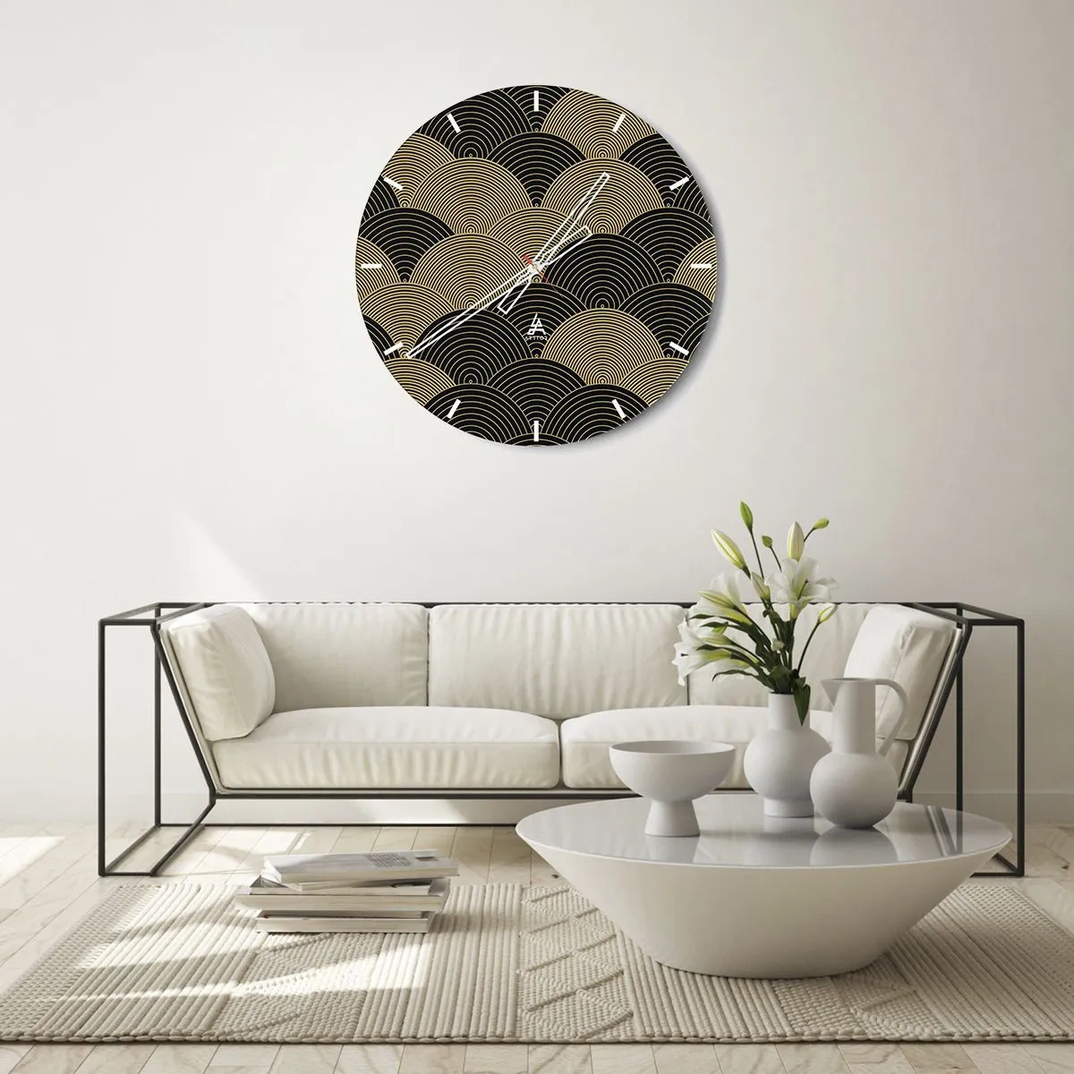 Ceas de perete - Ceas pe sticlă - Model abstract de semicercuri aurii pe fundal negru - 30x30cm - Unitate în multiplicitate - Decorațiune modernă pentru perete pentru living, bucătărie și dormitor ARTTOR