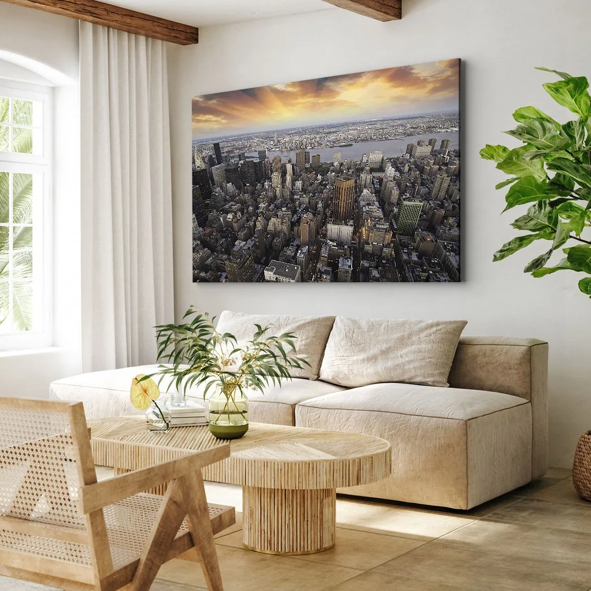Tablou pe pânză Canvas - Vedere a metropolei cu soarele la apus - 70x50cm - Inima care bate în timpul nostru - Decorațiune modernă pentru perete pentru living și dormitor ARTTOR