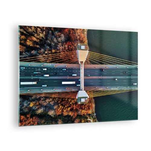Tablou pe sticlă - Vedere aeriană a podului cu un aranjament simetric de cabluri și mașini - 70x50cm - Din pădure spre apă - Decorațiune modernă pentru perete pentru living și dormitor ARTTOR