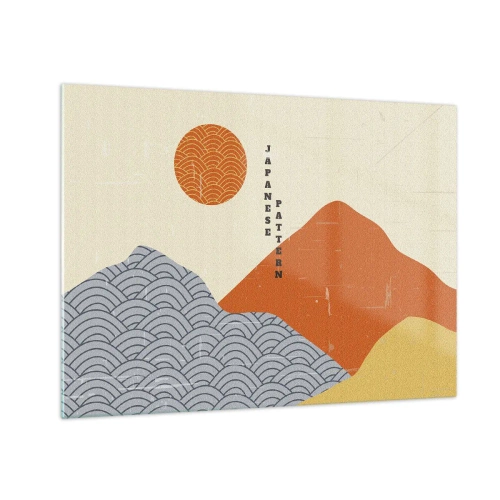 Tablou pe sticlă - Grafică cu modele japoneze de munți și soare - 70x50cm - În stil japonez - Decorațiune modernă pentru perete pentru living și dormitor ARTTOR