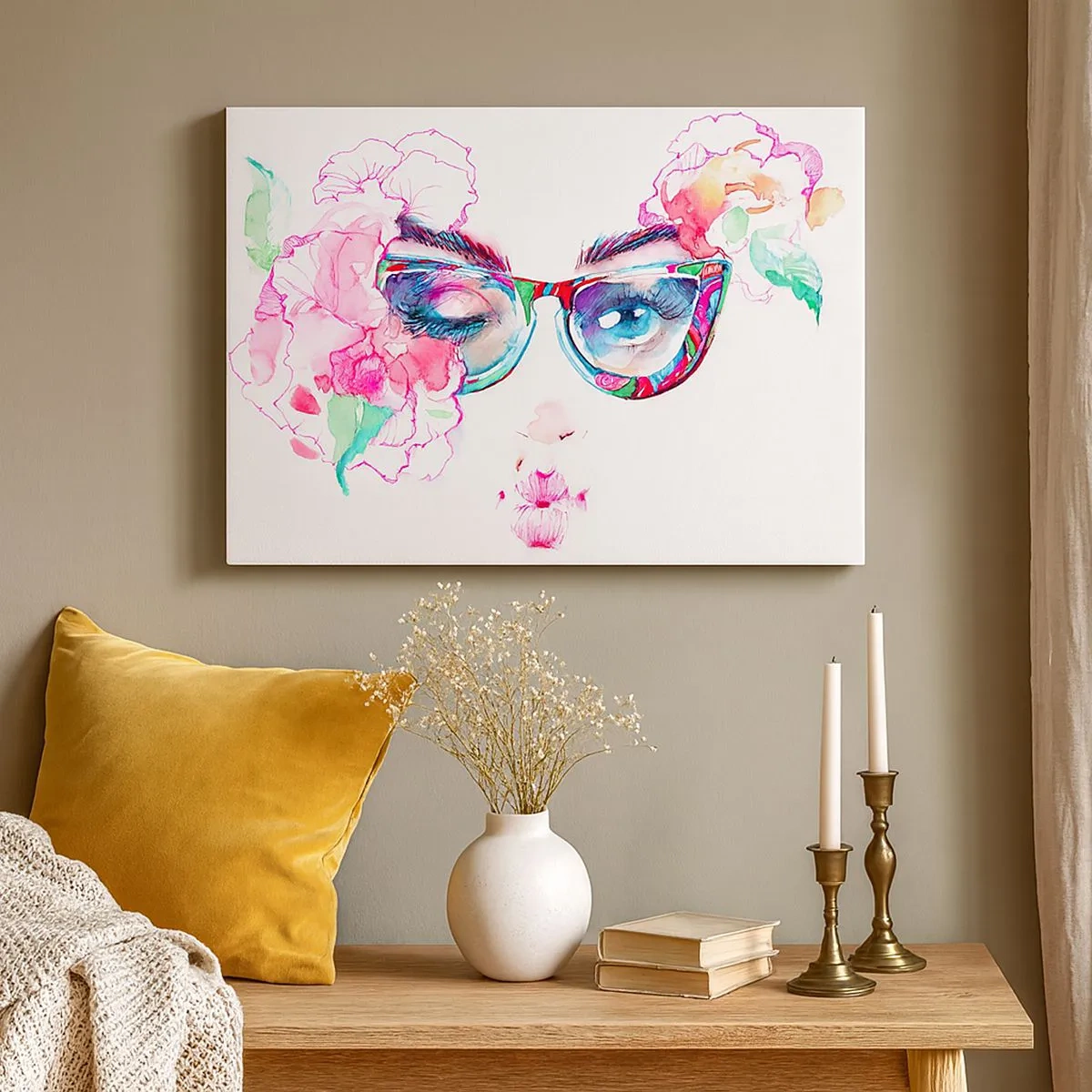 Tablou pe pânză Canvas - Față în acuarelă cu ochelari colorați și flori - 70x50cm - O promisiune ispititoare - Decorațiune modernă pentru perete pentru living și dormitor ARTTOR