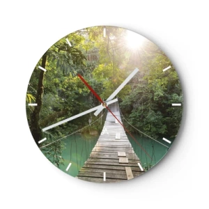 Ceas de perete - Ceas pe sticlă - Pod suspendat din lemn în jungla tropicală în zori - 30x30cm - Peste apa de azur spre pădurea de azur - Decorațiune modernă pentru perete pentru living, bucătărie și dormitor ARTTOR